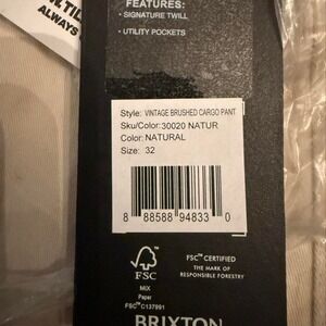 Brixton Vintage Brushed Cargo Pants Natural Mens Size 32 Signature‎ Twill 30020